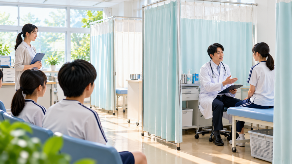 明るく清潔な学校保健室の診察風景