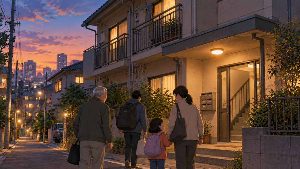 夕暮れの帰路、家族の灯り