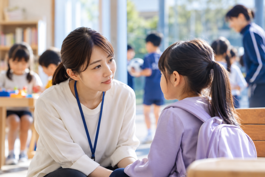 学校で寄り添う先生と少女