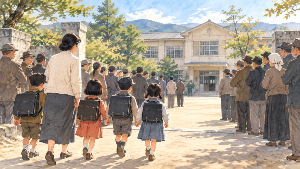 学校を阻む町の人々のイメージ