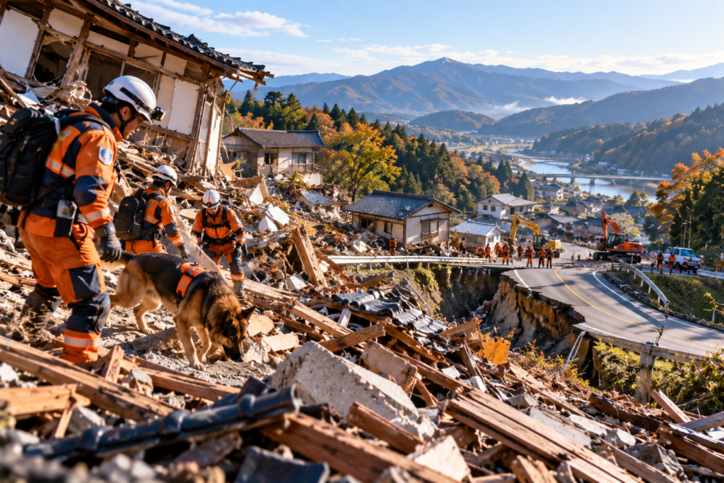 山間の被災地を進む救助隊と救助犬